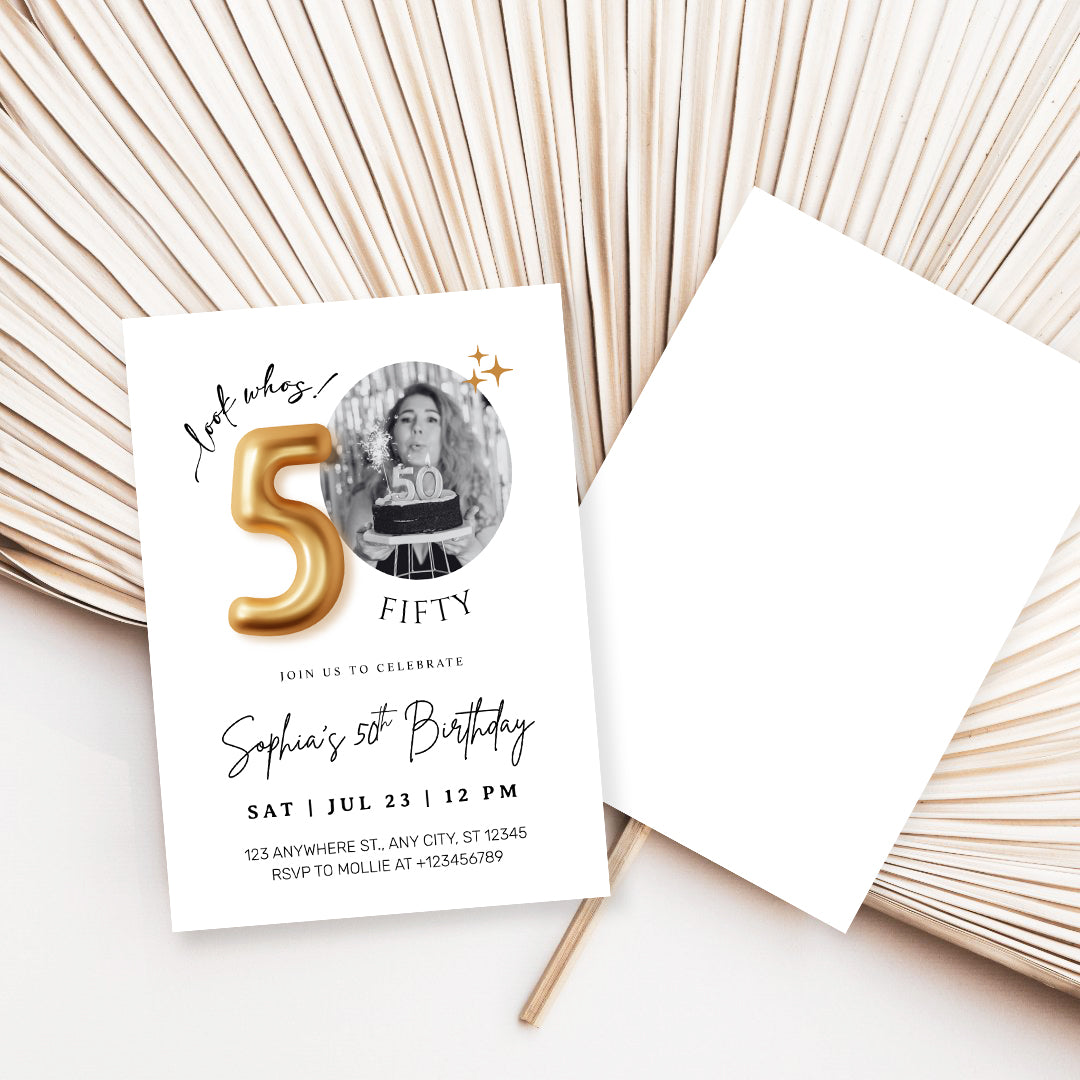 Modern Minimalist 50th Birthday Gold Balloon Photo Invitation Template | Elegant Milestone Party Invite | Editable & Instant Download