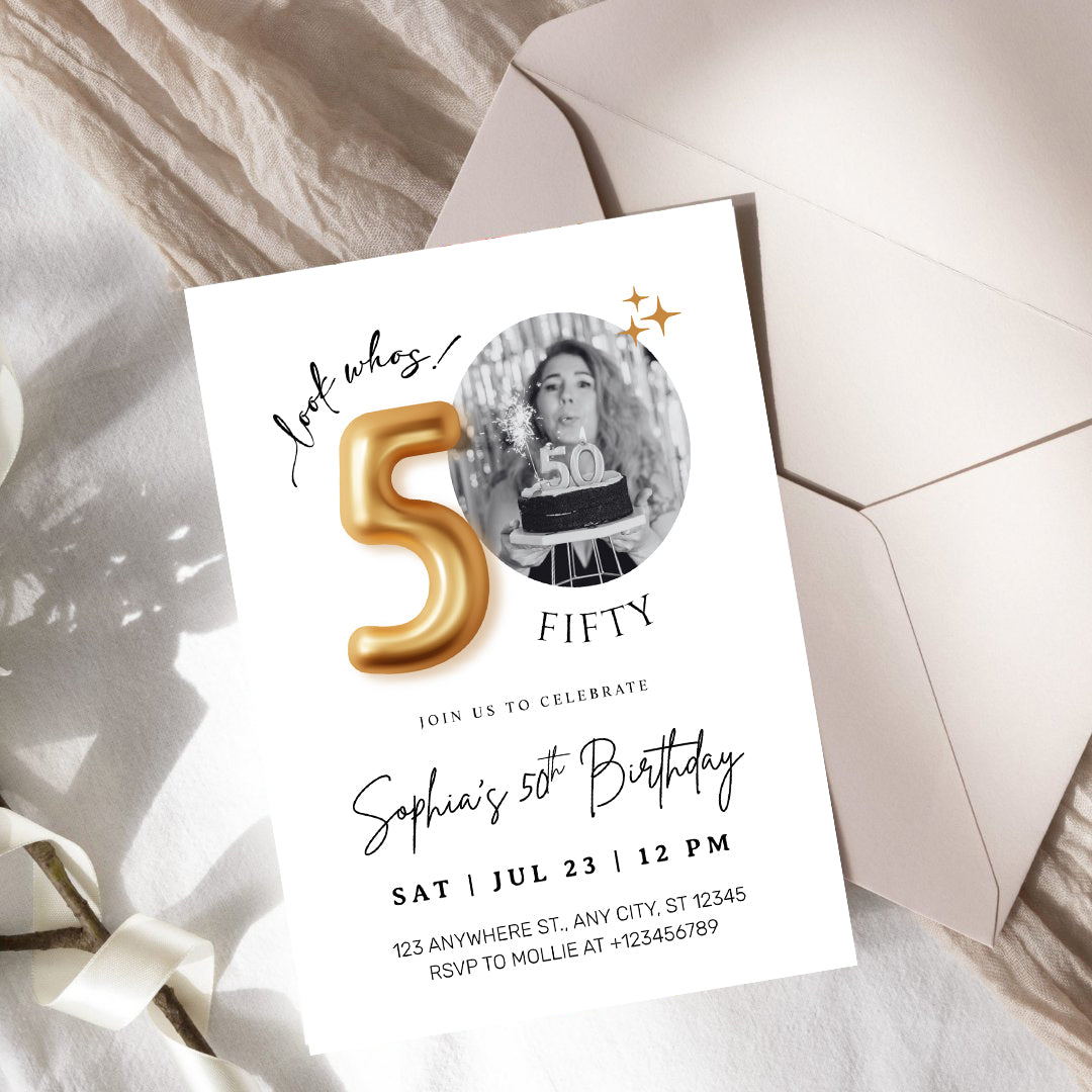 Modern Minimalist 50th Birthday Gold Balloon Photo Invitation Template | Elegant Milestone Party Invite | Editable & Instant Download