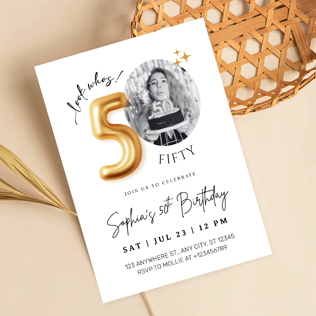 Modern Minimalist 50th Birthday Gold Balloon Photo Invitation Template | Elegant Milestone Party Invite | Editable & Instant Download