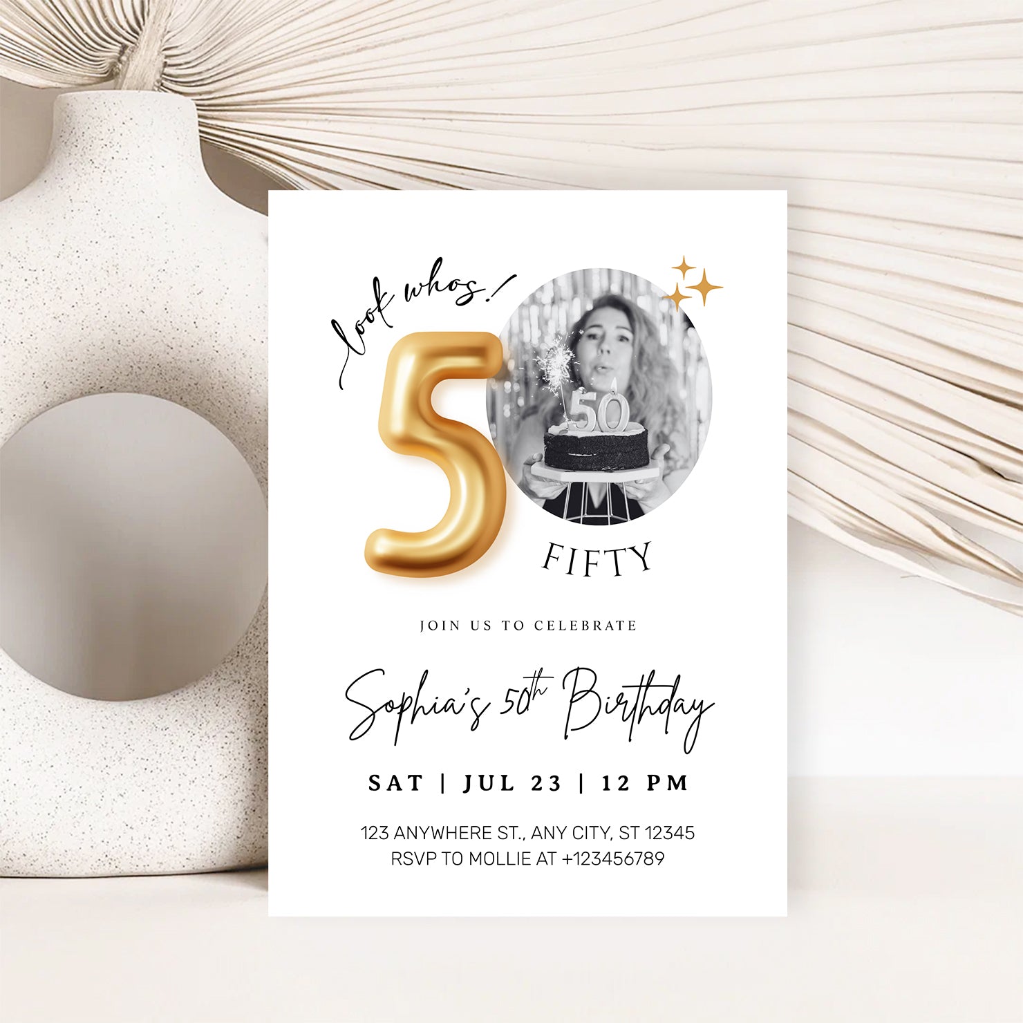 Modern Minimalist 50th Birthday Gold Balloon Photo Invitation Template | Elegant Milestone Party Invite | Editable & Instant Download