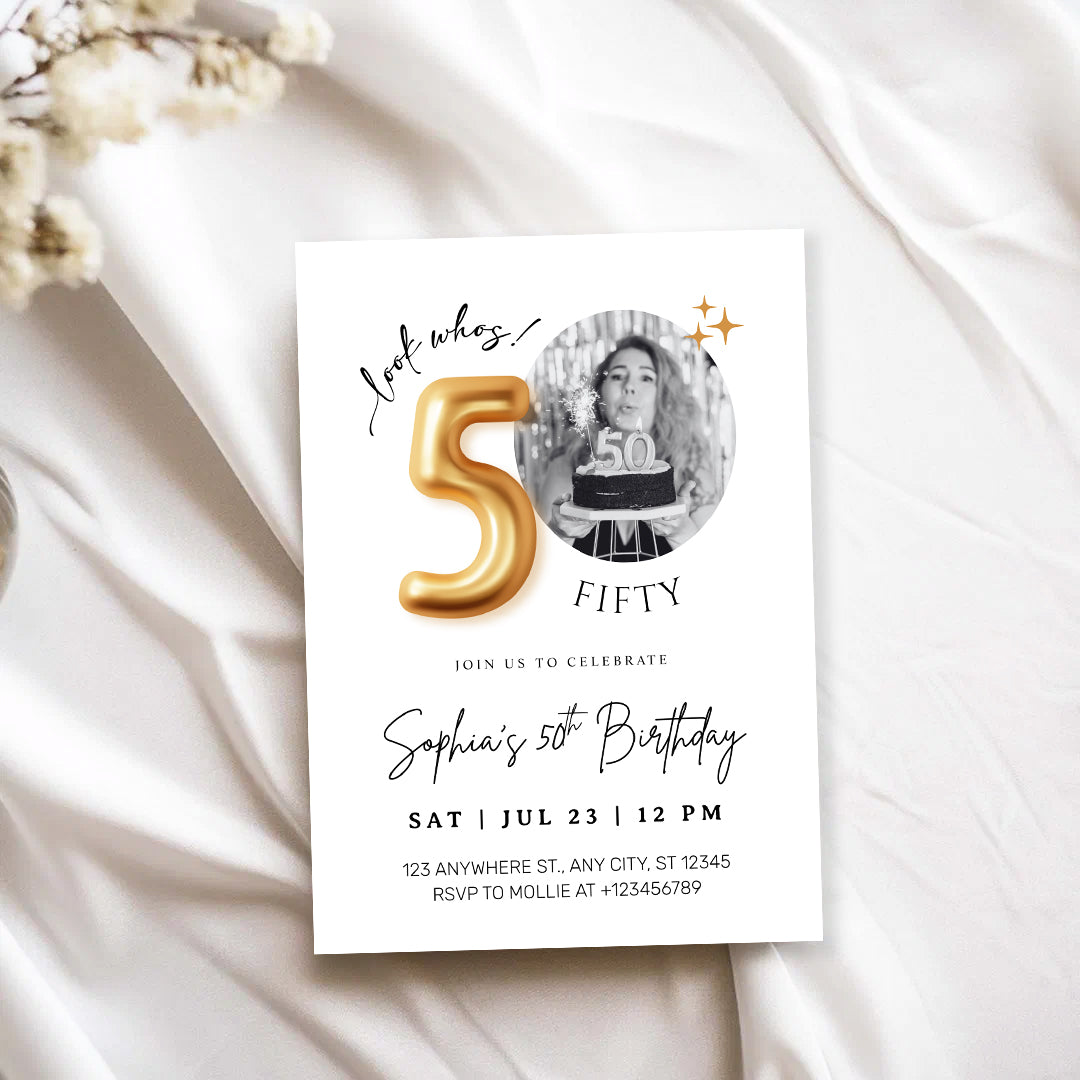 Modern Minimalist 50th Birthday Gold Balloon Photo Invitation Template | Elegant Milestone Party Invite | Editable & Instant Download