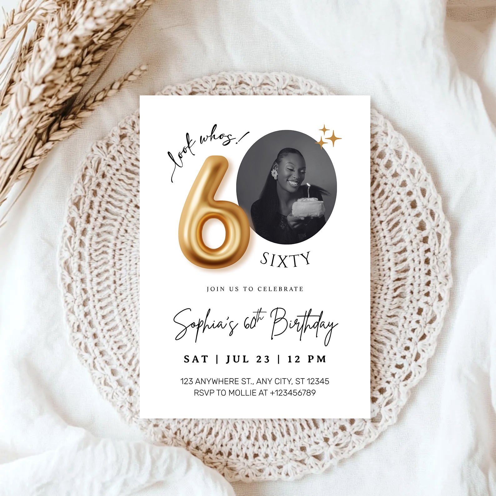 Modern Minimalist 60th Birthday Gold Balloon Photo Invitation Template | Elegant Milestone Party Invite | Editable & Instant Download