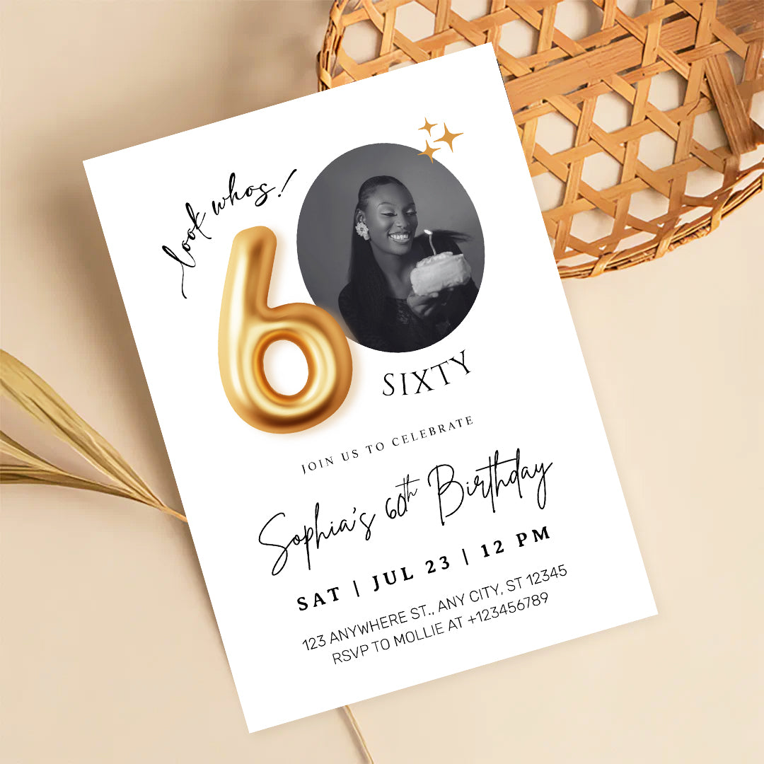 Modern Minimalist 60th Birthday Gold Balloon Photo Invitation Template | Elegant Milestone Party Invite | Editable & Instant Download