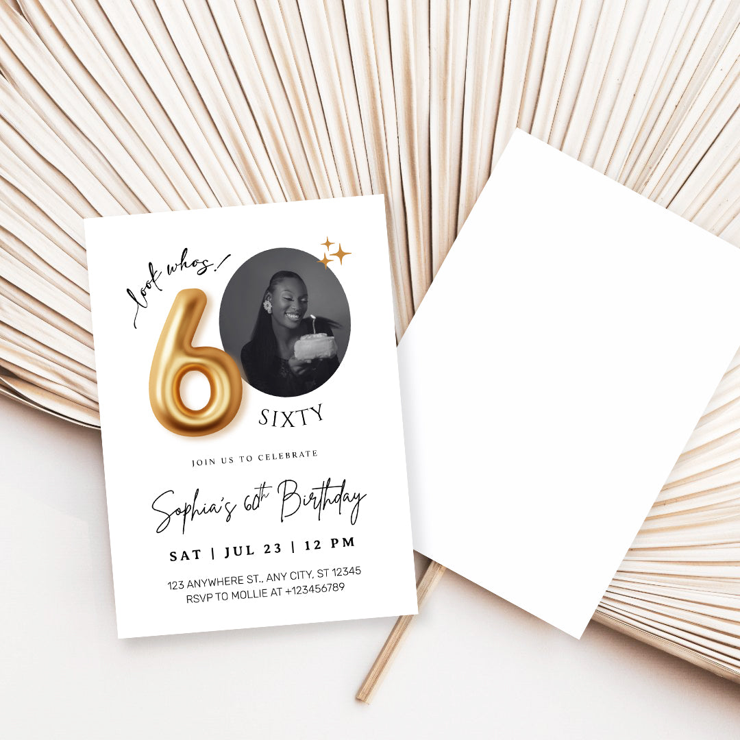 Modern Minimalist 60th Birthday Gold Balloon Photo Invitation Template | Elegant Milestone Party Invite | Editable & Instant Download