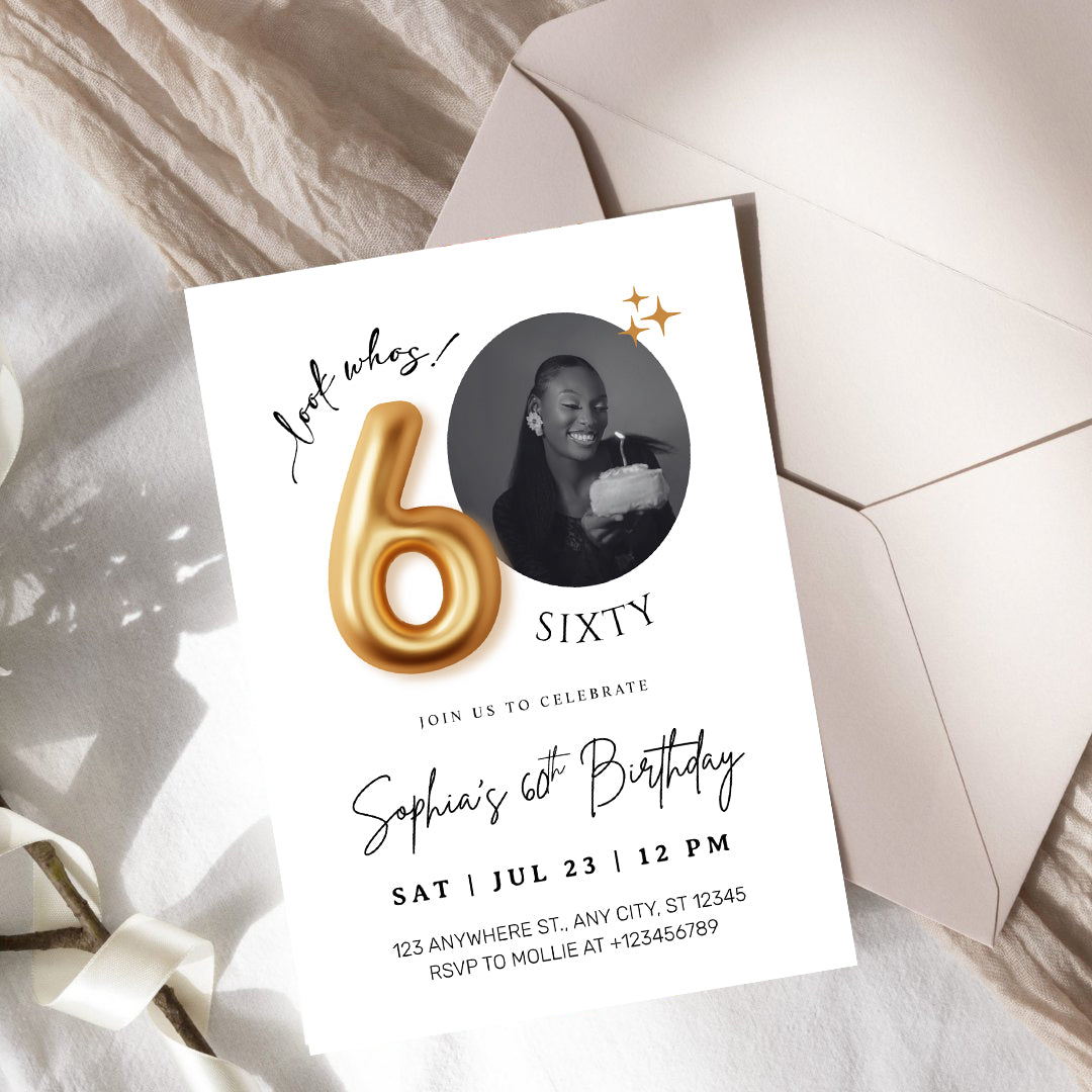 Modern Minimalist 60th Birthday Gold Balloon Photo Invitation Template | Elegant Milestone Party Invite | Editable & Instant Download