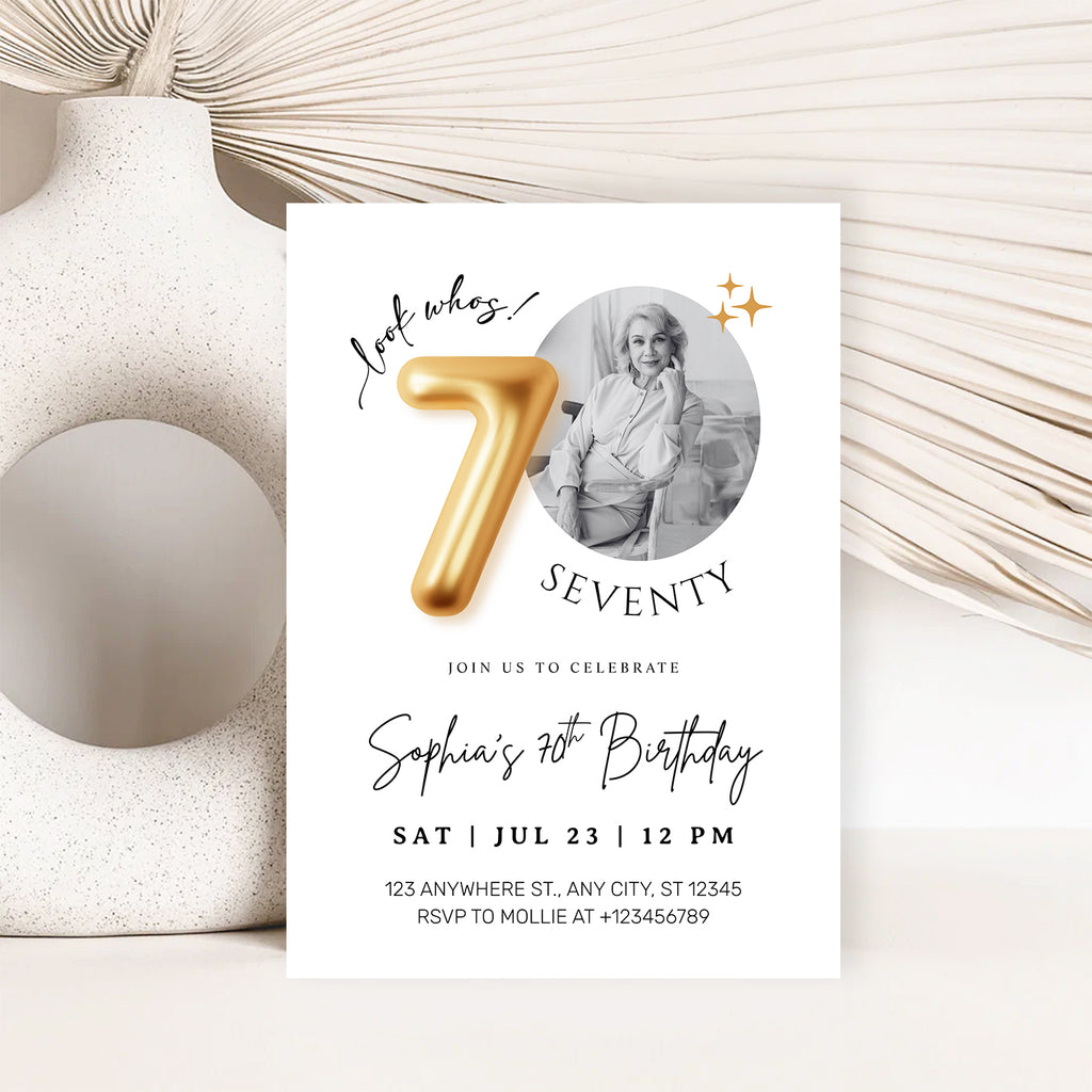 Modern Minimalist 70th Birthday Gold Balloon Photo Invitation Template | Elegant Milestone Party Invite | Editable & Instant Download