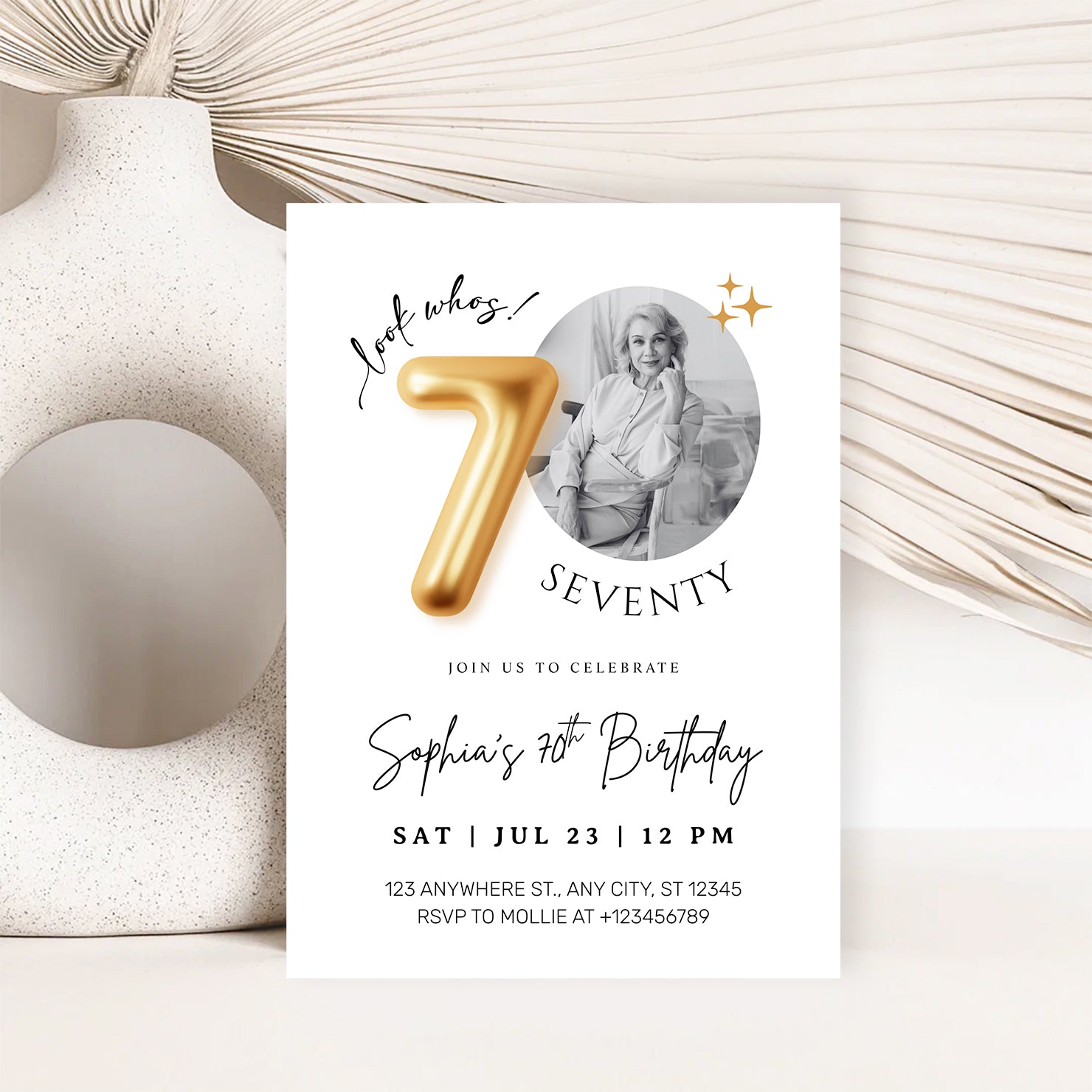 Modern Minimalist 70th Birthday Gold Balloon Photo Invitation Template | Elegant Milestone Party Invite | Editable & Instant Download