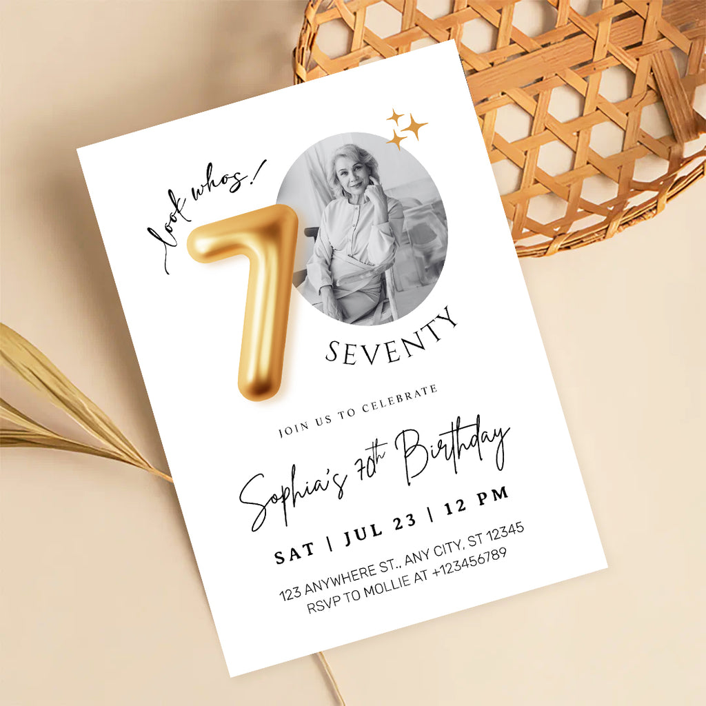 Modern Minimalist 70th Birthday Gold Balloon Photo Invitation Template | Elegant Milestone Party Invite | Editable & Instant Download