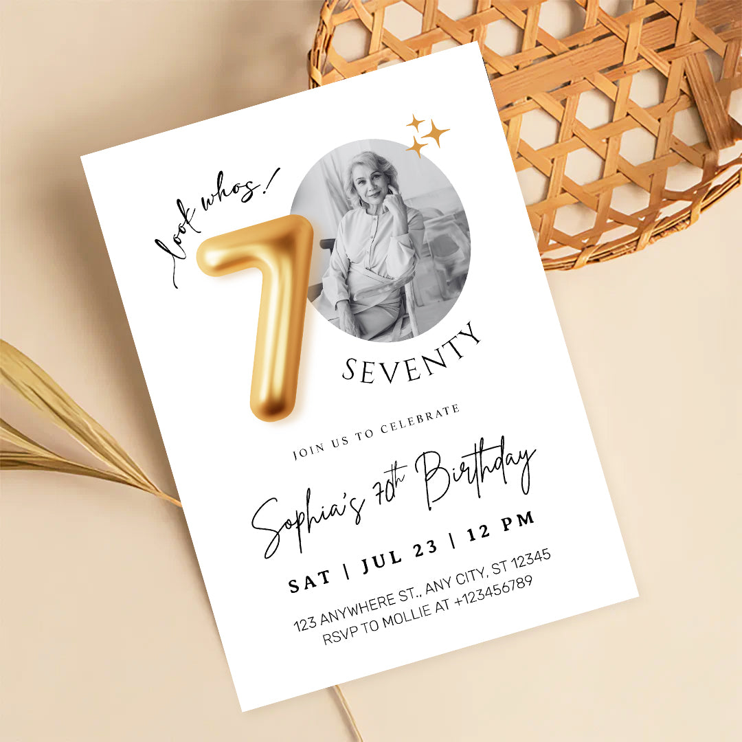 Modern Minimalist 70th Birthday Gold Balloon Photo Invitation Template | Elegant Milestone Party Invite | Editable & Instant Download