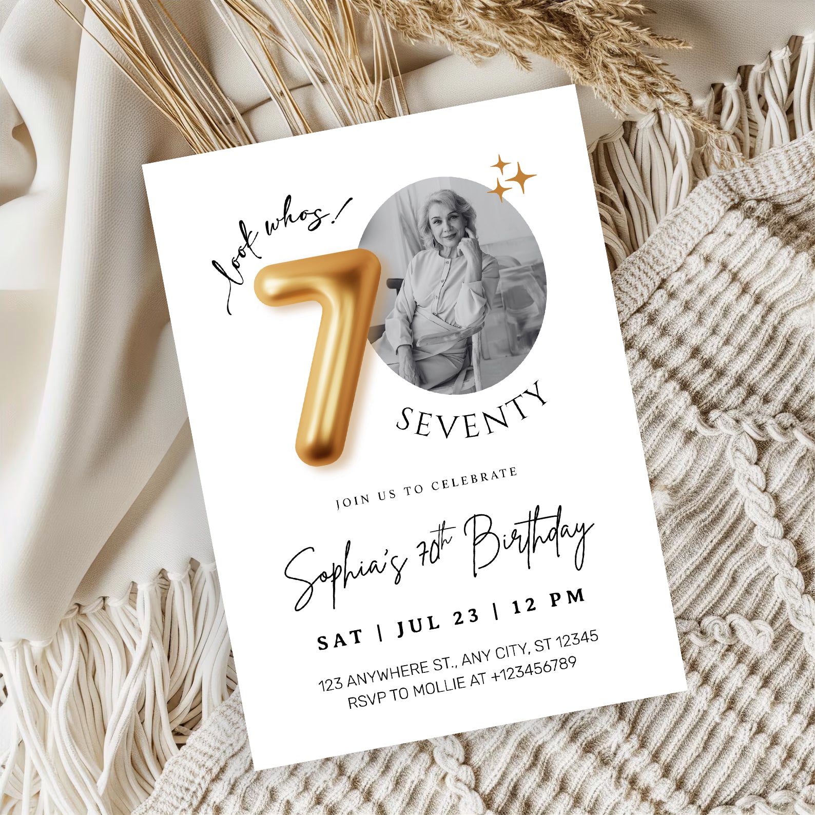 Modern Minimalist 70th Birthday Gold Balloon Photo Invitation Template | Elegant Milestone Party Invite | Editable & Instant Download