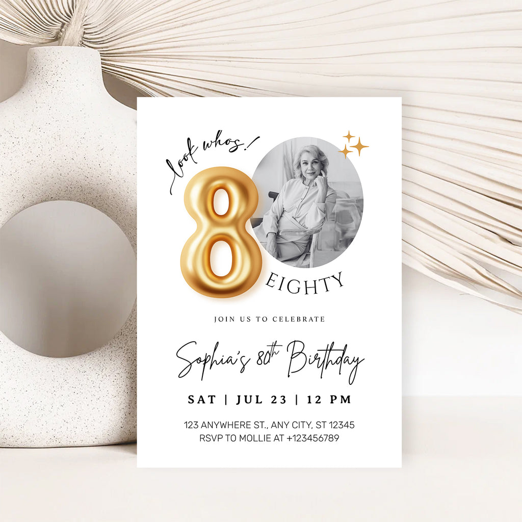 Modern Minimalist 80th Birthday Gold Balloon Photo Invitation Template | Elegant Milestone Party Invite | Editable & Instant Download