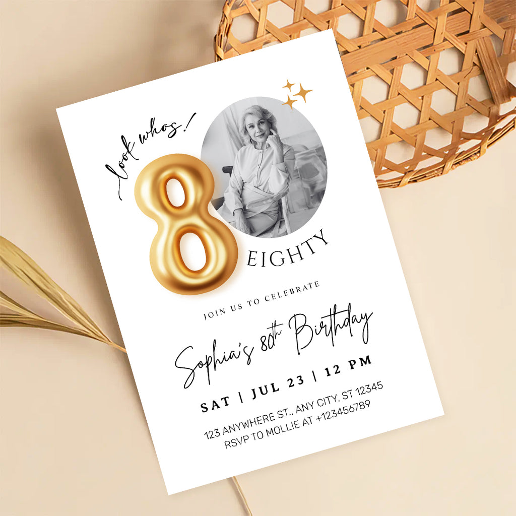 Modern Minimalist 80th Birthday Gold Balloon Photo Invitation Template | Elegant Milestone Party Invite | Editable & Instant Download