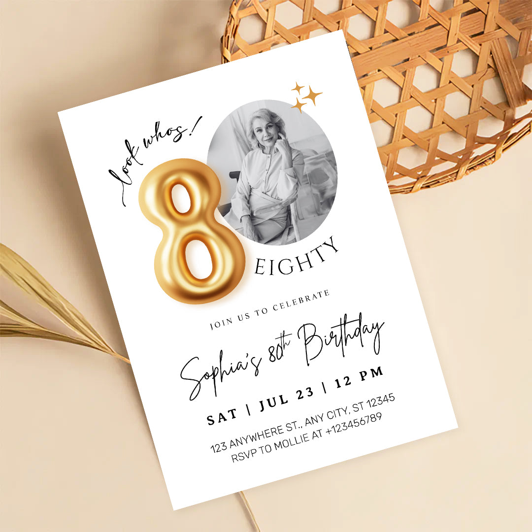 Modern Minimalist 80th Birthday Gold Balloon Photo Invitation Template | Elegant Milestone Party Invite | Editable & Instant Download