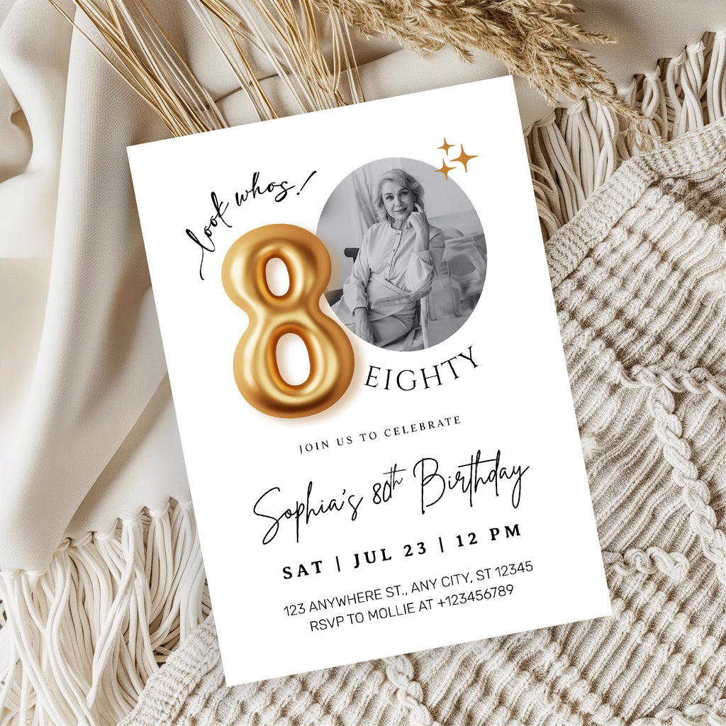 Modern Minimalist 80th Birthday Gold Balloon Photo Invitation Template | Elegant Milestone Party Invite | Editable & Instant Download