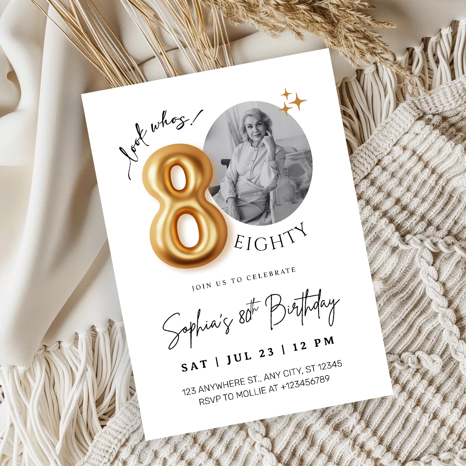 Modern Minimalist 80th Birthday Gold Balloon Photo Invitation Template | Elegant Milestone Party Invite | Editable & Instant Download
