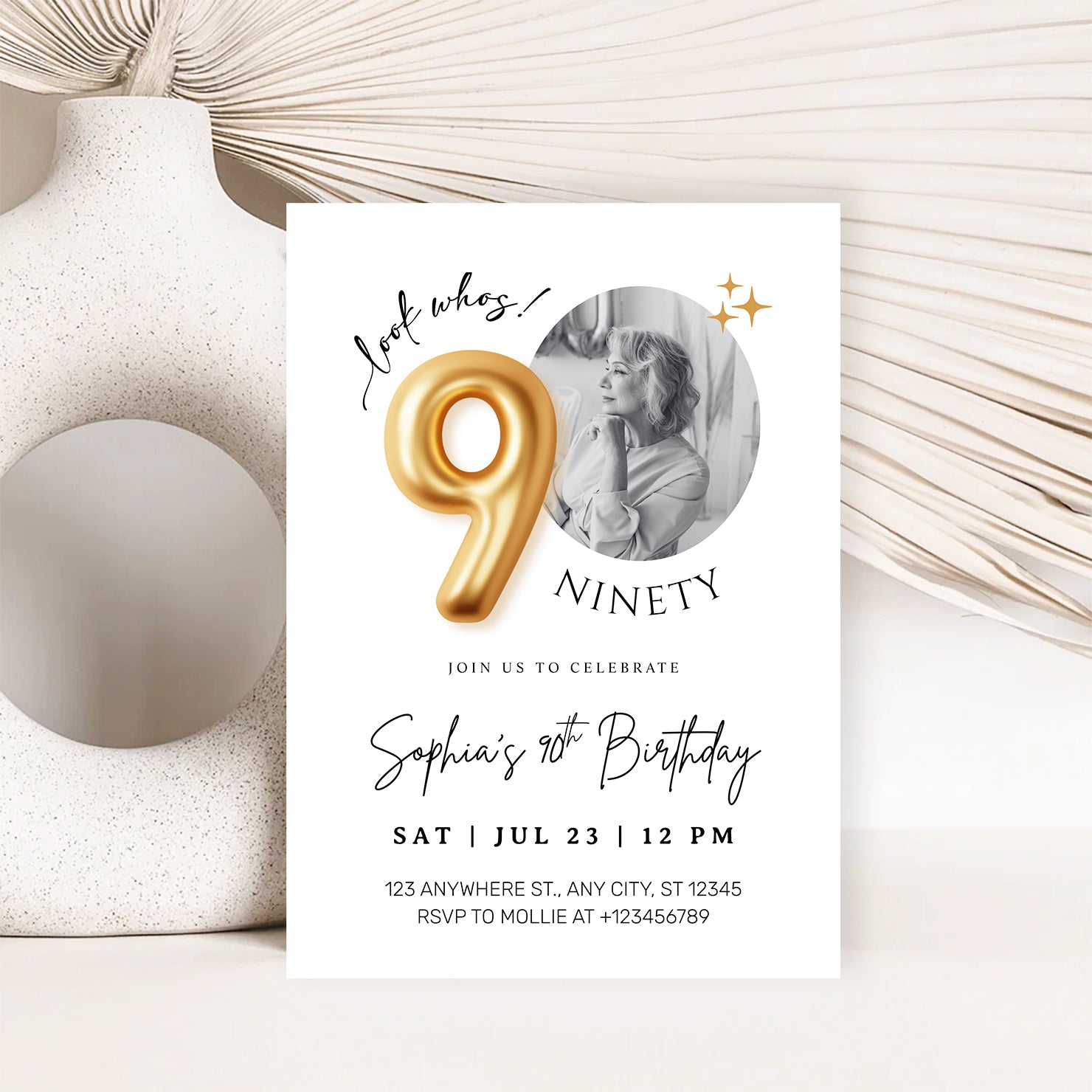 Modern Minimalist 90th Birthday Gold Balloon Photo Invitation Template | Elegant Milestone Party Invite | Editable & Instant Download