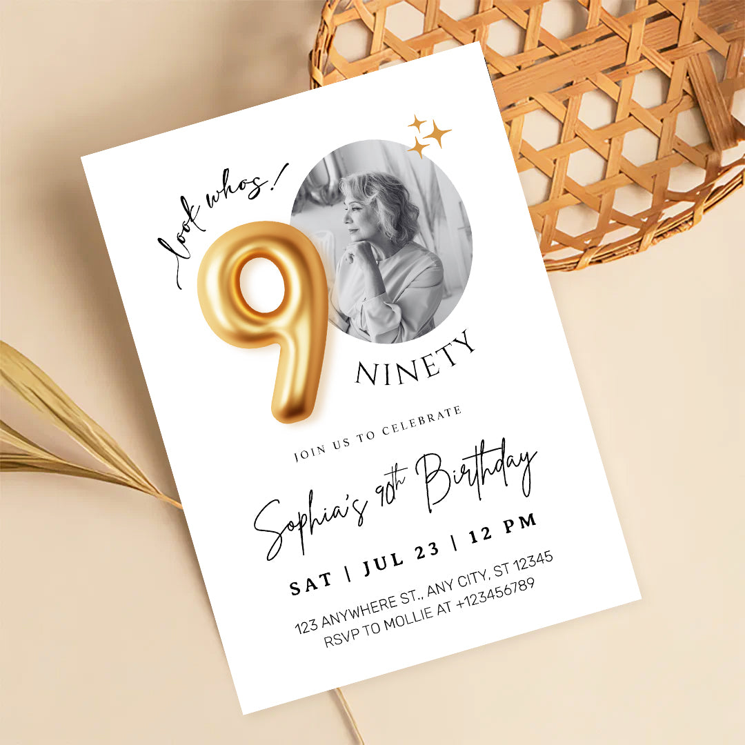 Modern Minimalist 90th Birthday Gold Balloon Photo Invitation Template | Elegant Milestone Party Invite | Editable & Instant Download