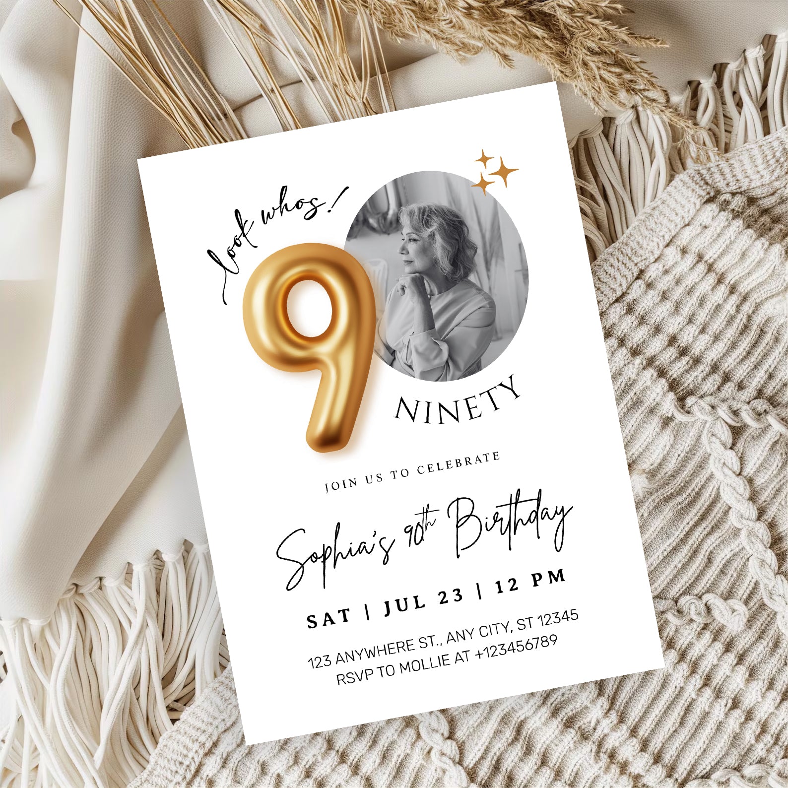 Modern Minimalist 90th Birthday Gold Balloon Photo Invitation Template | Elegant Milestone Party Invite | Editable & Instant Download