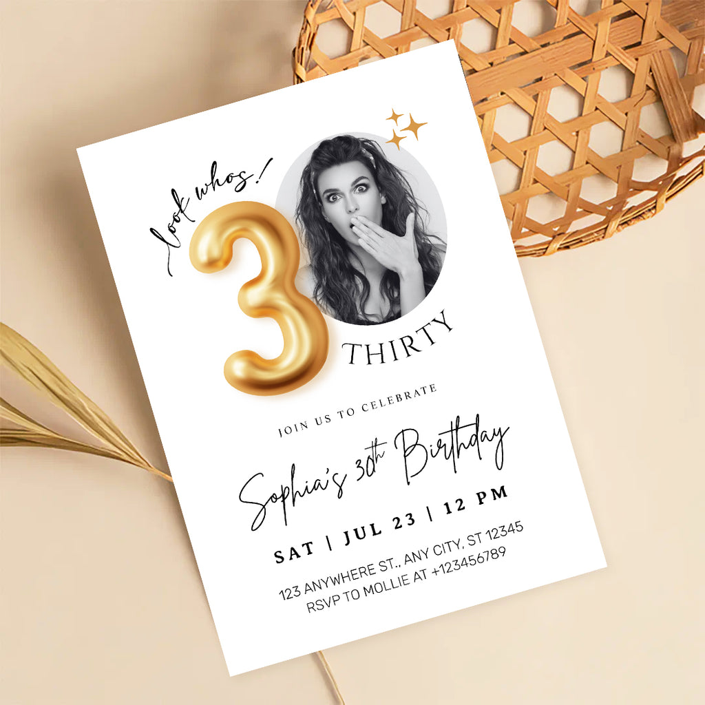 Modern Minimalist 30th Birthday Gold Balloon Photo Invitation Template | Elegant Milestone Party Invite | Editable & Instant Download