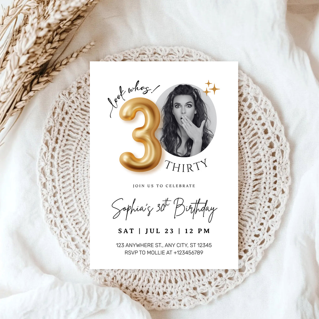 Modern Minimalist 30th Birthday Gold Balloon Photo Invitation Template | Elegant Milestone Party Invite | Editable & Instant Download