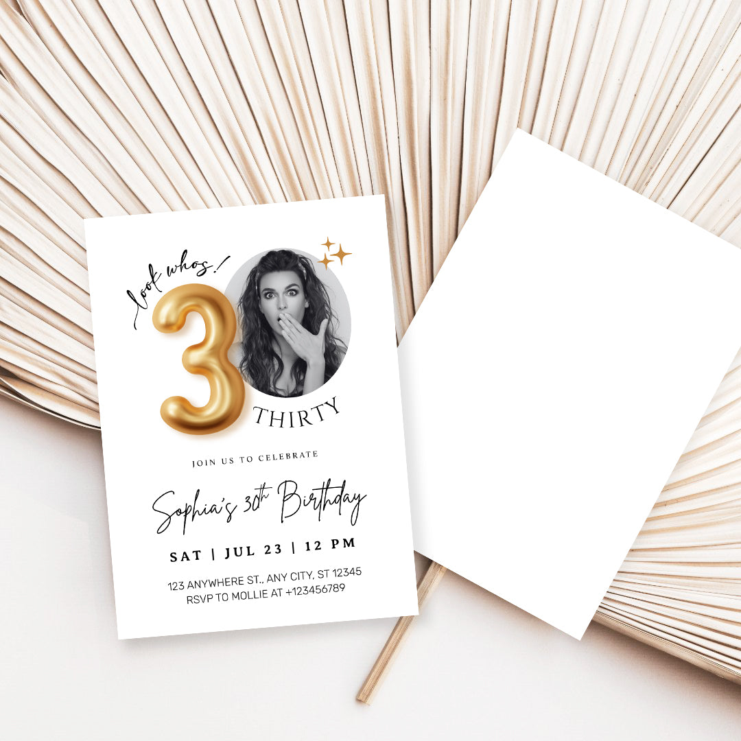 Modern Minimalist 30th Birthday Gold Balloon Photo Invitation Template | Elegant Milestone Party Invite | Editable & Instant Download