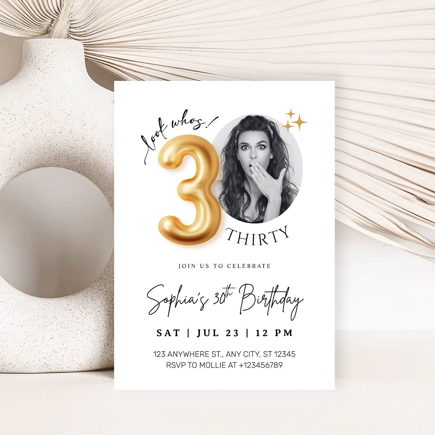 Modern Minimalist 30th Birthday Gold Balloon Photo Invitation Template | Elegant Milestone Party Invite | Editable & Instant Download