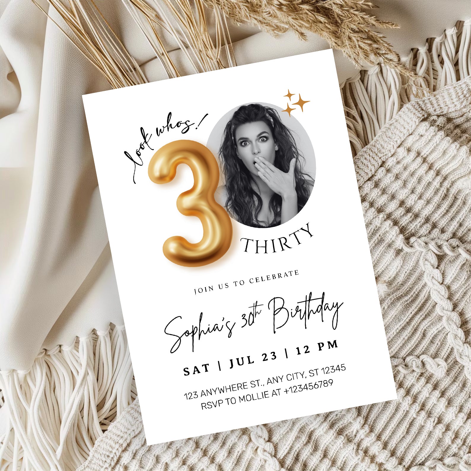 Modern Minimalist 30th Birthday Gold Balloon Photo Invitation Template | Elegant Milestone Party Invite | Editable & Instant Download