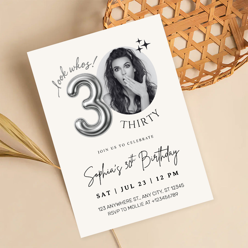 Editable 30th Birthday Photo Invitation Canva Template Silver Balloon Minimalist Party Invite Instant Download