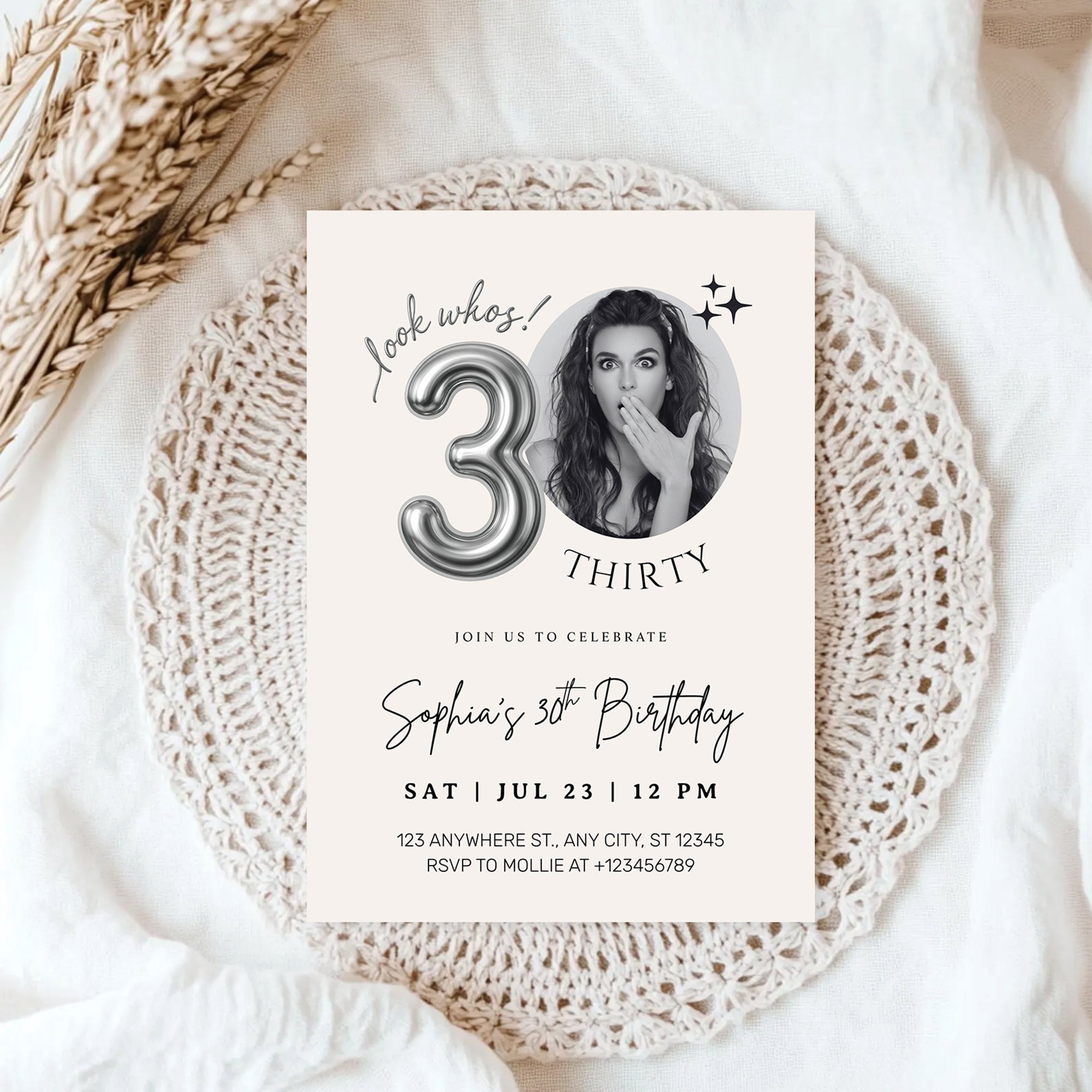 Editable 30th Birthday Photo Invitation Canva Template Silver Balloon Minimalist Party Invite Instant Download