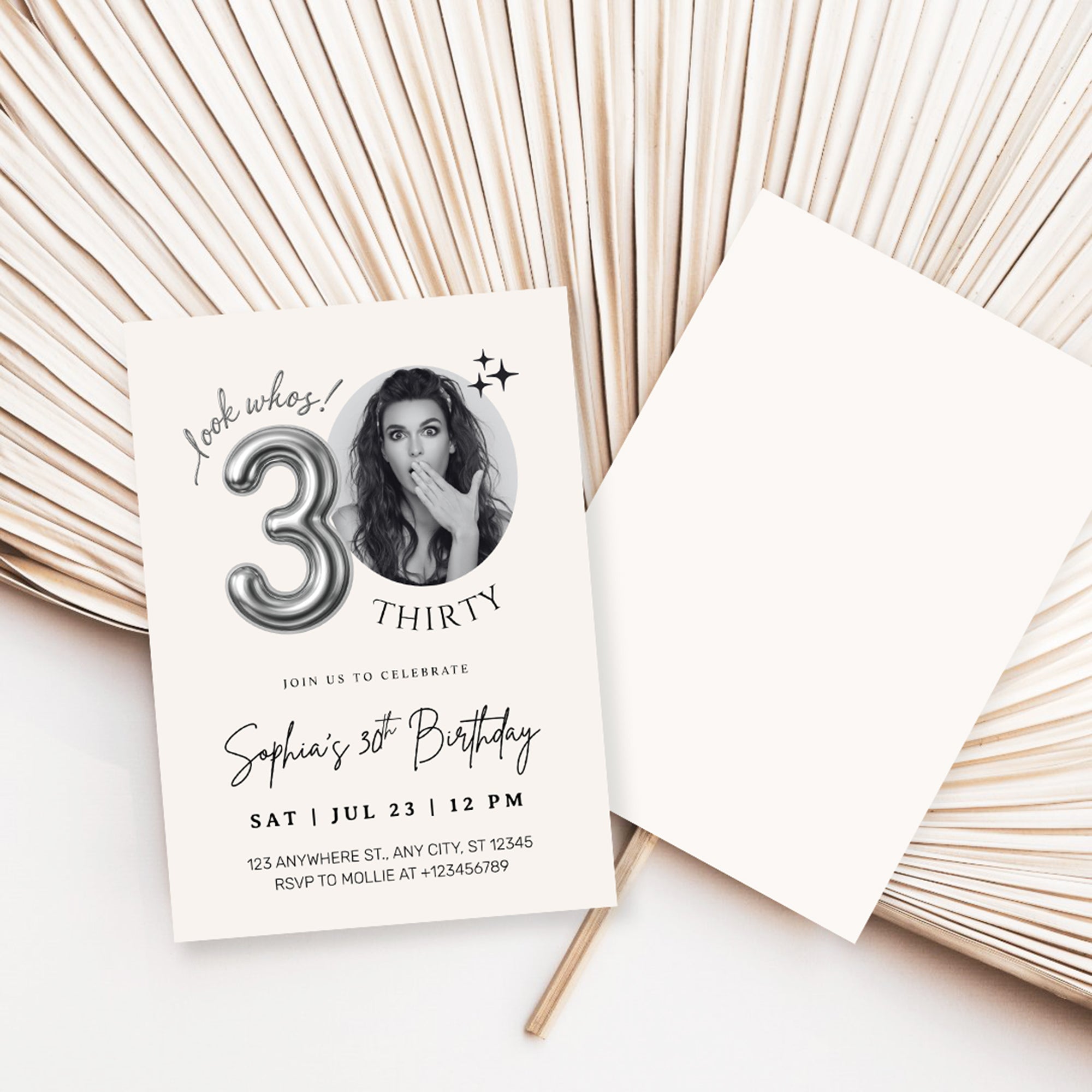 Editable 30th Birthday Photo Invitation Canva Template Silver Balloon Minimalist Party Invite Instant Download