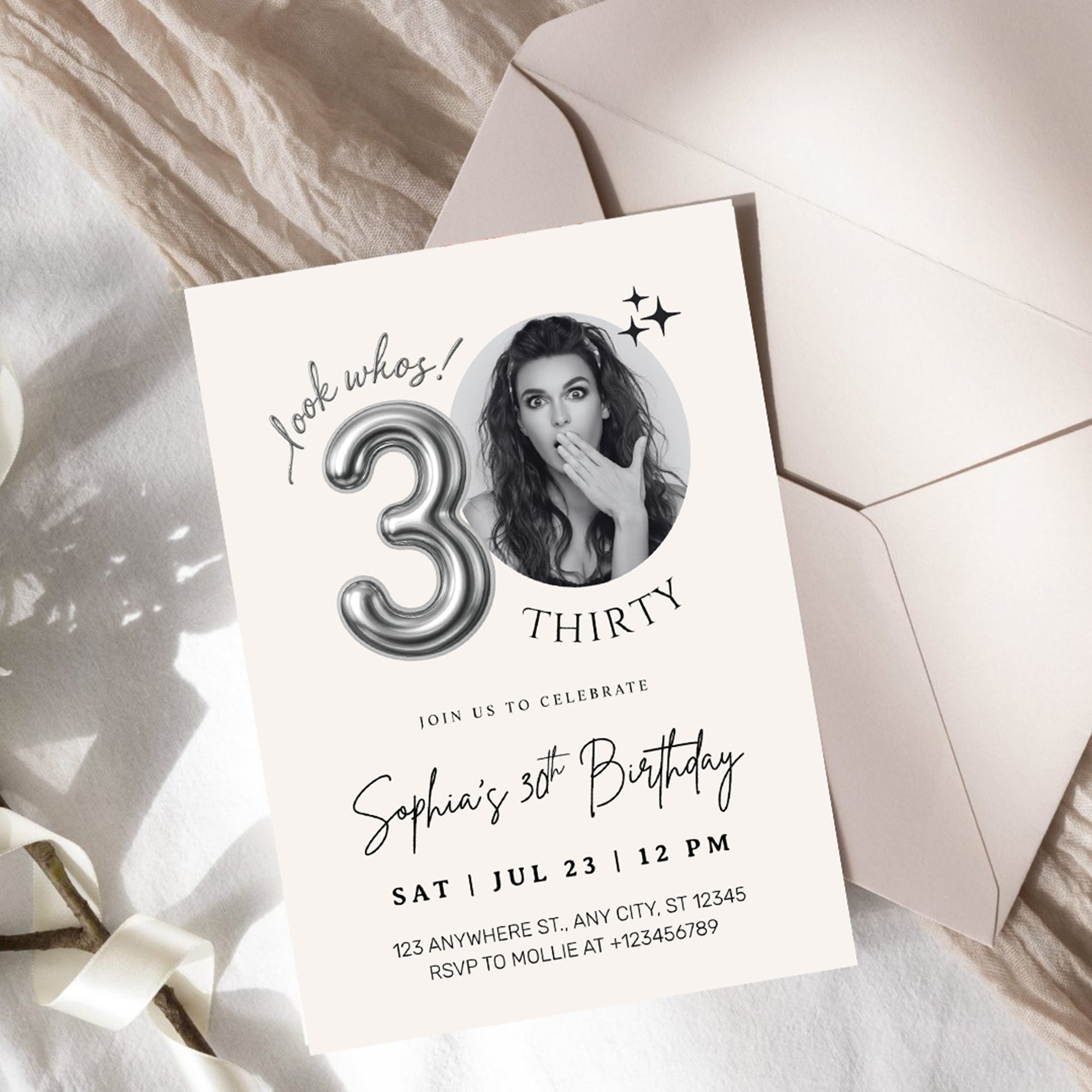 Editable 30th Birthday Photo Invitation Canva Template Silver Balloon Minimalist Party Invite Instant Download