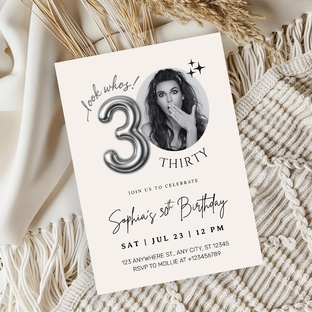 Editable 30th Birthday Photo Invitation Canva Template Silver Balloon Minimalist Party Invite Instant Download