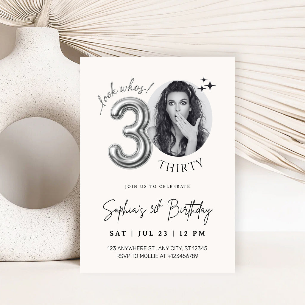 Editable 30th Birthday Photo Invitation Canva Template Silver Balloon Minimalist Party Invite Instant Download