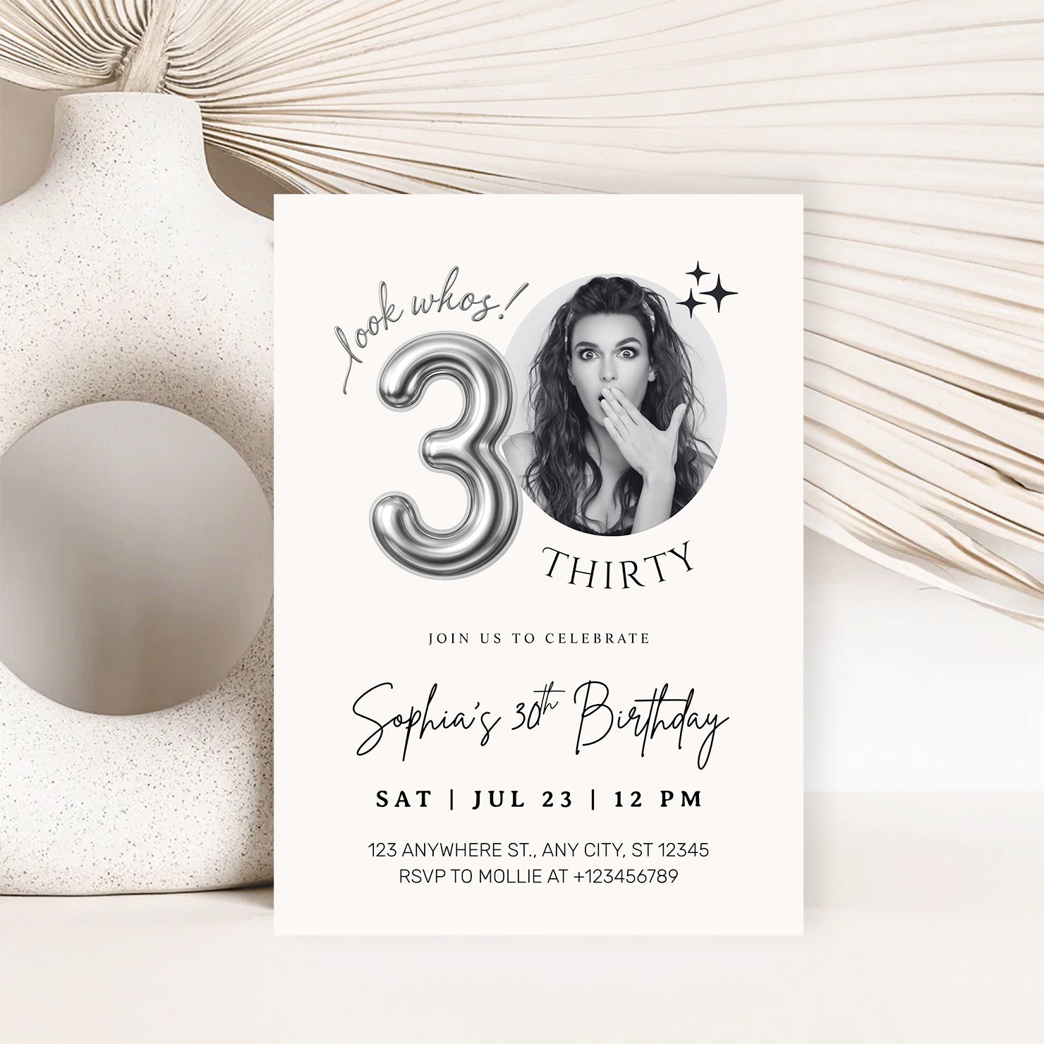 Editable 30th Birthday Photo Invitation Canva Template Silver Balloon Minimalist Party Invite Instant Download