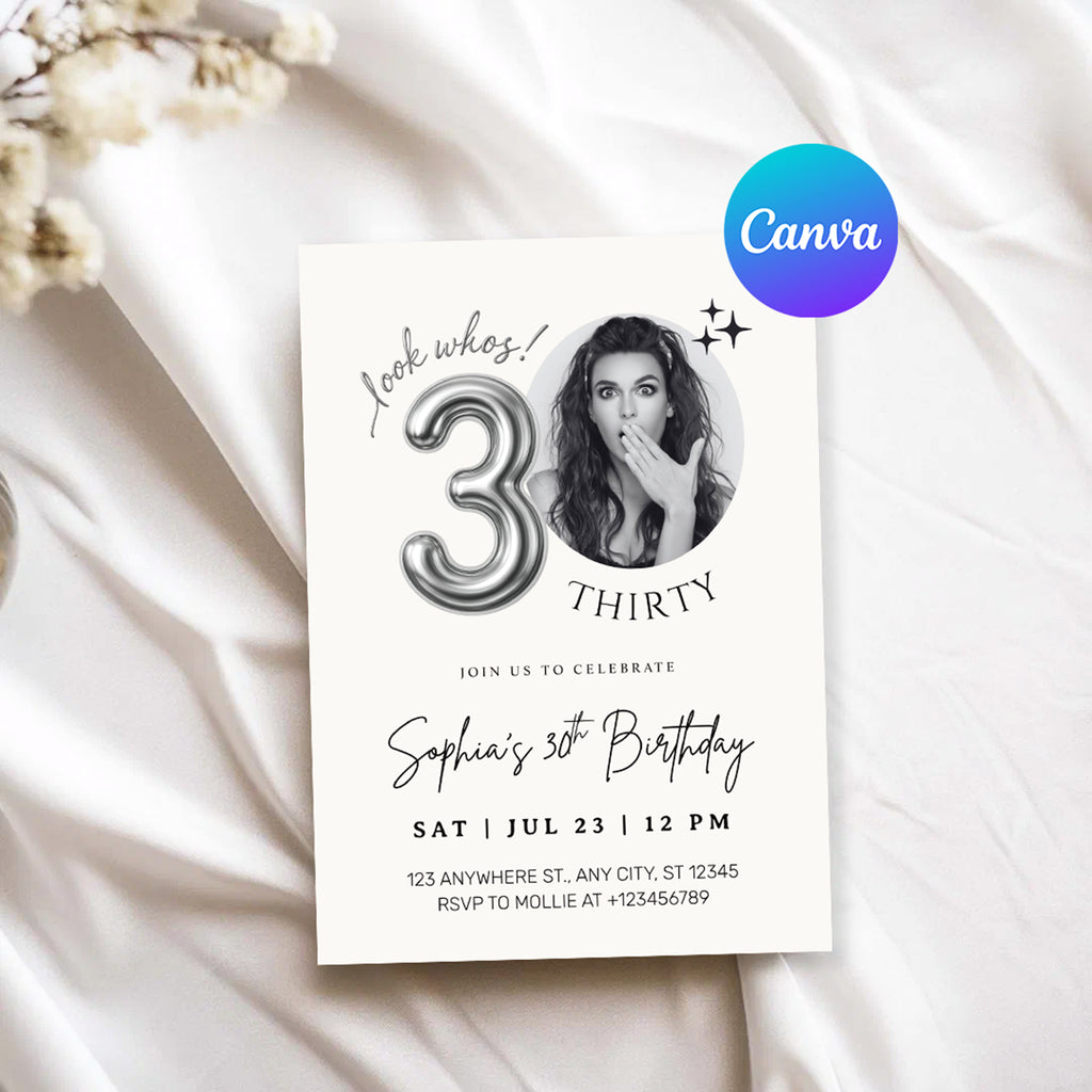 Editable 30th Birthday Photo Invitation Canva Template Silver Balloon Minimalist Party Invite Instant Download