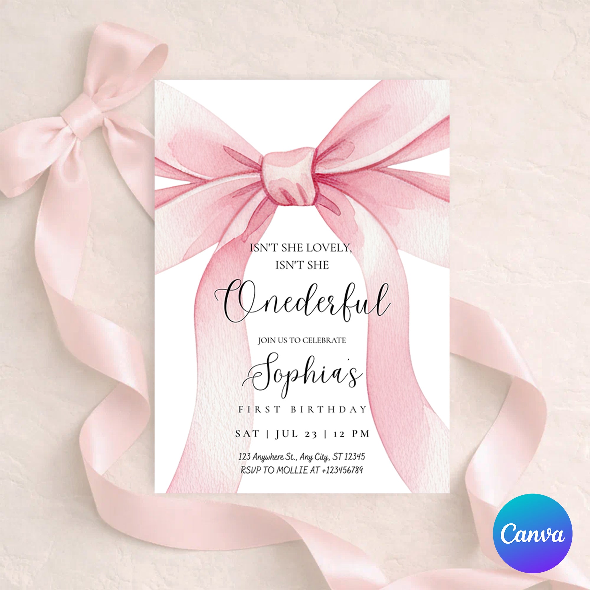 Pink Bow Onederful First Birthday Invitation – Editable Canva Template