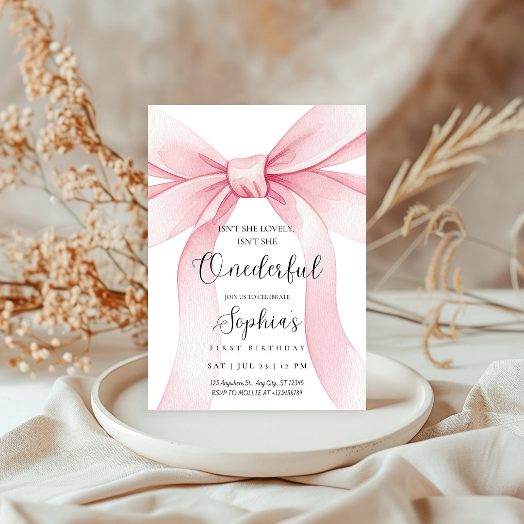 Pink Bow Onederful First Birthday Invitation – Editable Canva Template