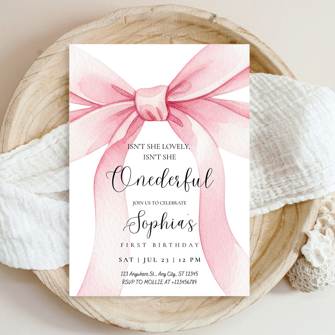 Pink Bow Onederful First Birthday Invitation – Editable Canva Template