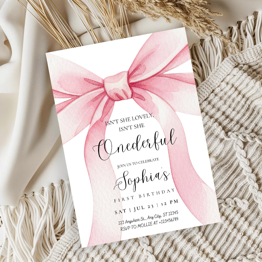 Pink Bow Onederful First Birthday Invitation – Editable Canva Template