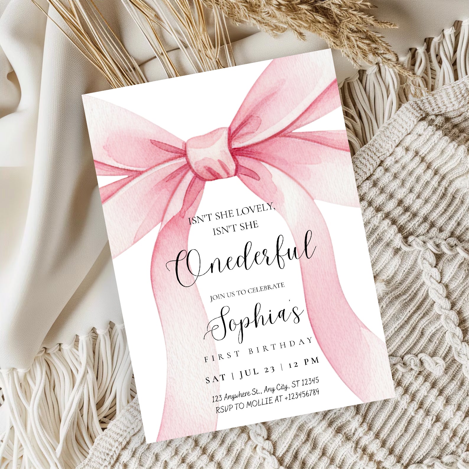 Pink Bow Onederful First Birthday Invitation – Editable Canva Template