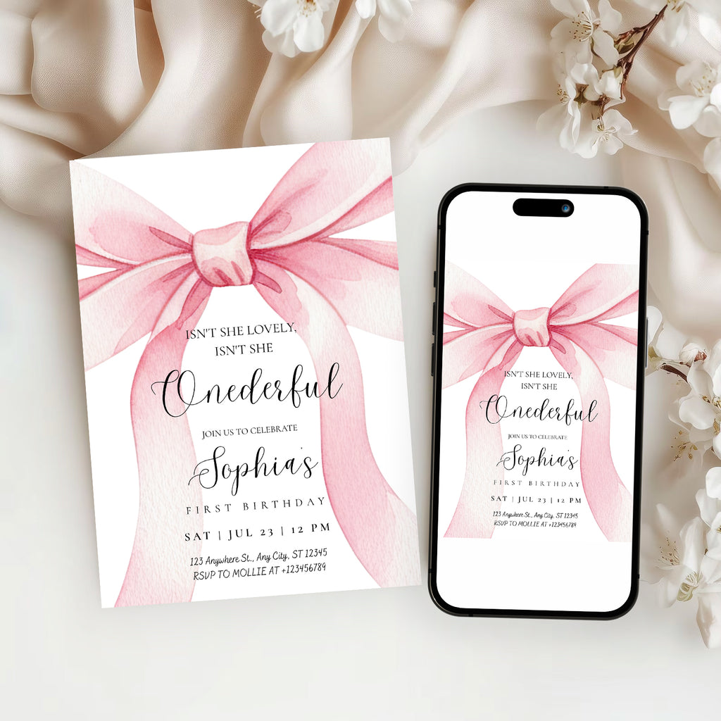 Pink Bow Onederful First Birthday Invitation – Editable Canva Template