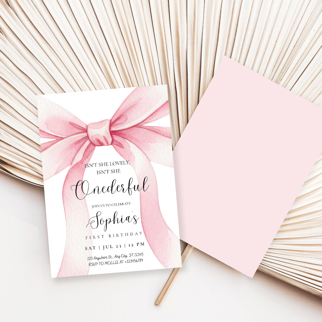 Pink Bow Onederful First Birthday Invitation – Editable Canva Template