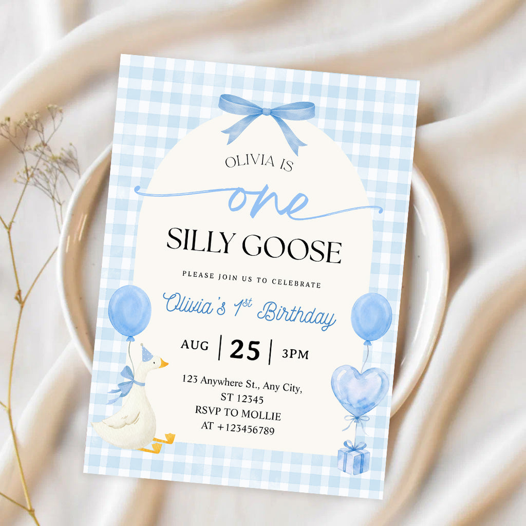 Editable One Silly Goose 1st Birthday Invitation | Blue Bow Gingham Canva Template – Instant Download