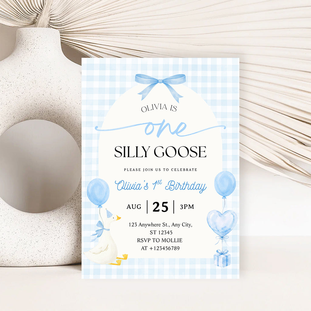 Editable One Silly Goose 1st Birthday Invitation | Blue Bow Gingham Canva Template – Instant Download