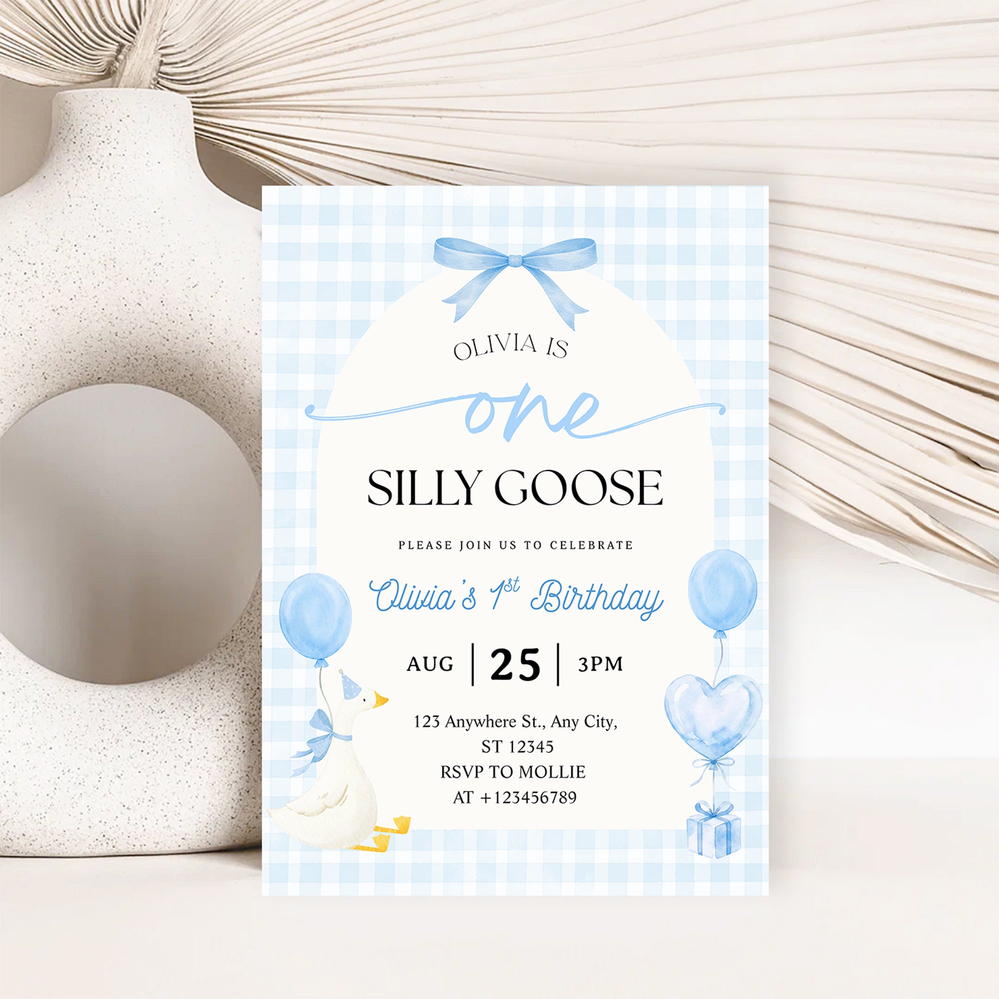Editable One Silly Goose 1st Birthday Invitation | Blue Bow Gingham Canva Template – Instant Download