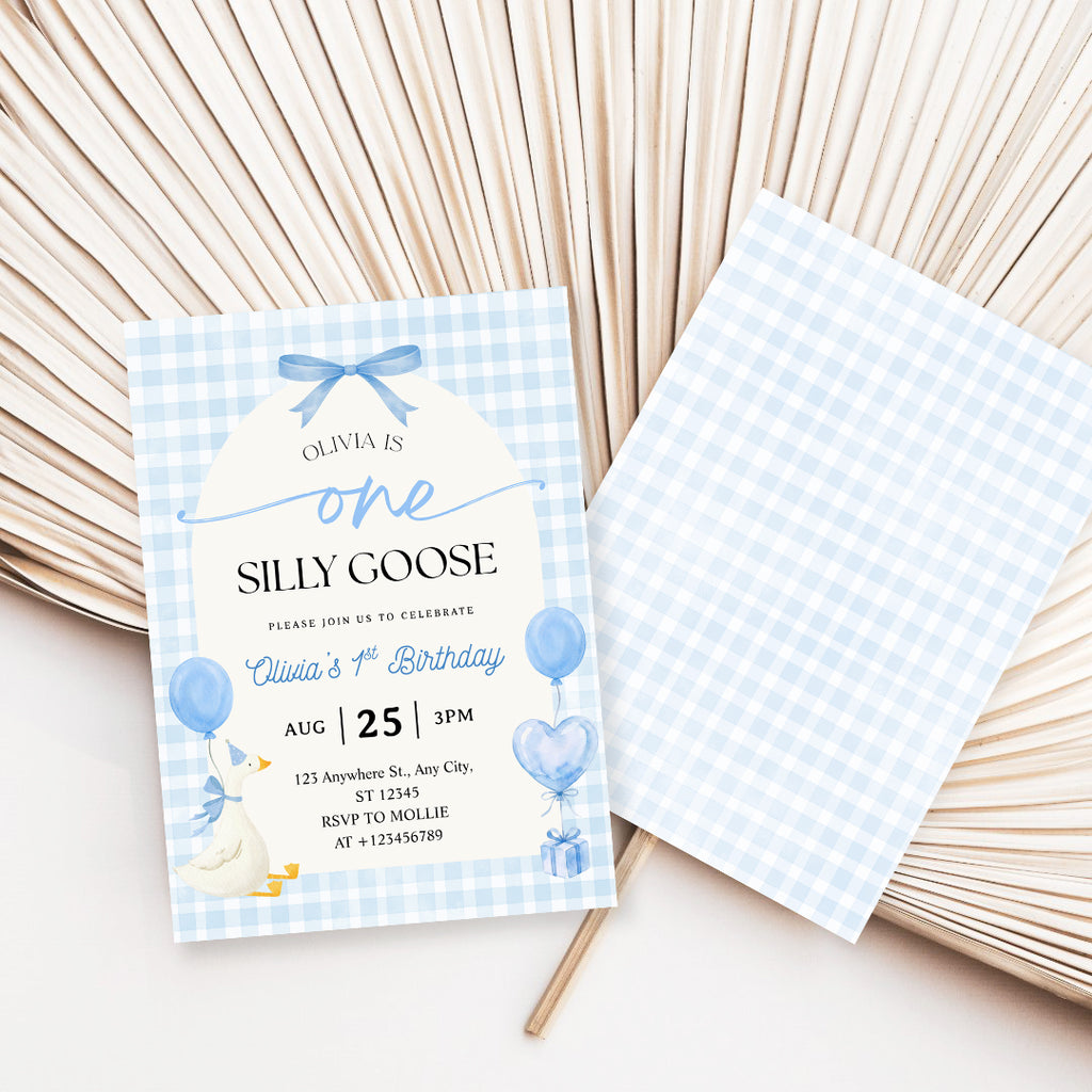 Editable One Silly Goose 1st Birthday Invitation | Blue Bow Gingham Canva Template – Instant Download