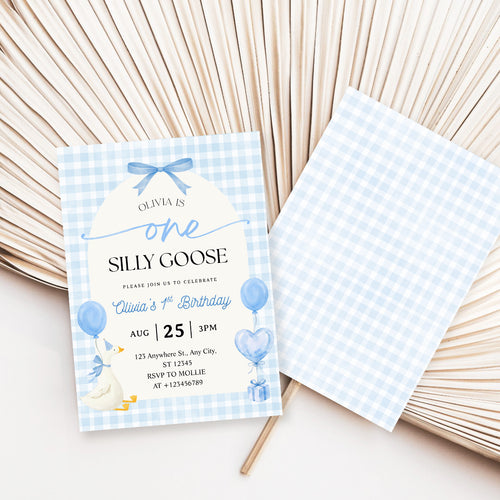 Editable One Silly Goose 1st Birthday Invitation | Blue Bow Gingham Canva Template – Instant Download