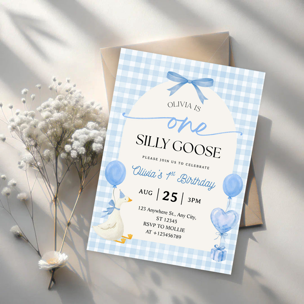Editable One Silly Goose 1st Birthday Invitation | Blue Bow Gingham Canva Template – Instant Download