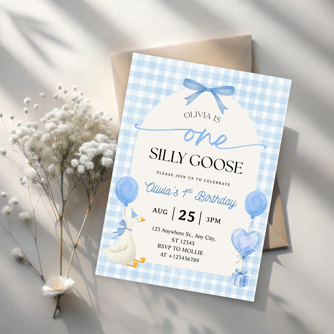 Editable One Silly Goose 1st Birthday Invitation | Blue Bow Gingham Canva Template – Instant Download