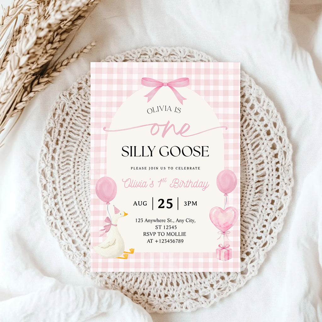 Editable One Silly Goose 1st Birthday Invitation | Pink Bow Gingham Canva Template – Instant Download